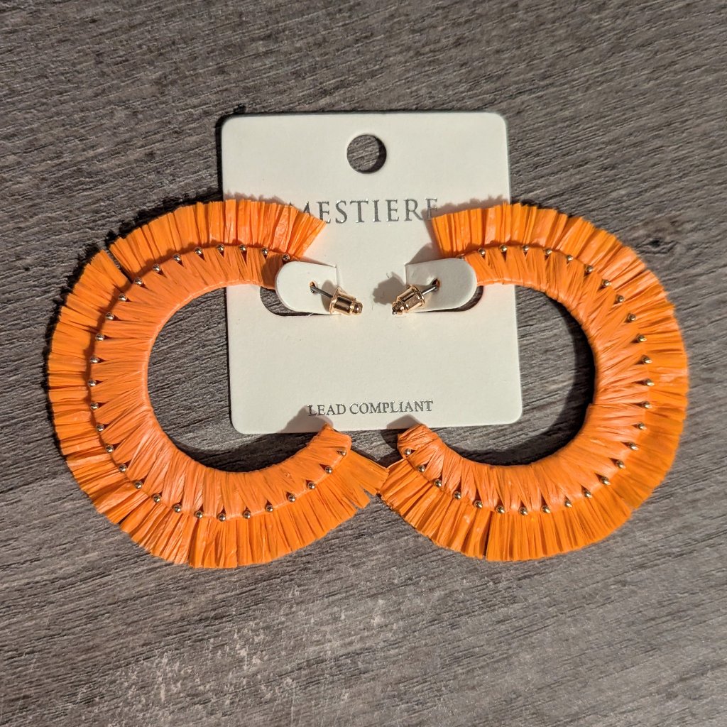 Orange Bohemian Raffia Hoop Earrings